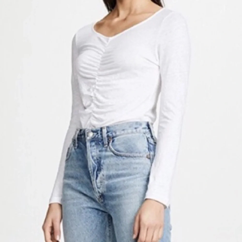 Frame Shirred Long Sleeve Linen Top White